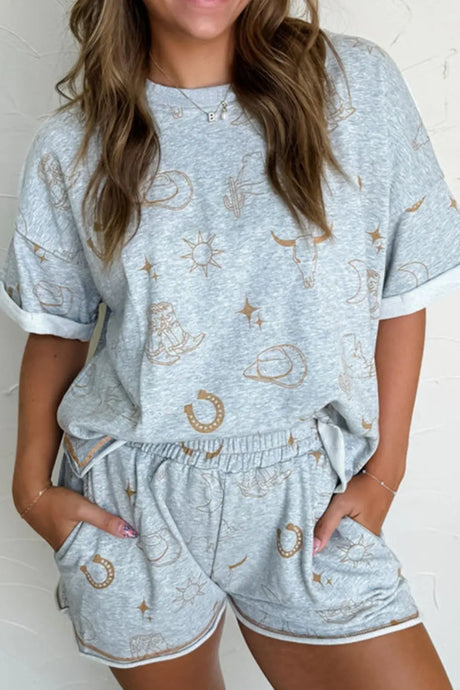 Printed T-Shirt and Elastic Waist Shorts Set | Hanalas