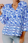 Printed Tie Neck Three-Quarter Sleeve Blouse Trendsi Hanalas