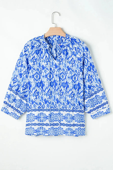 Printed Tie Neck Three-Quarter Sleeve Blouse Trendsi Hanalas