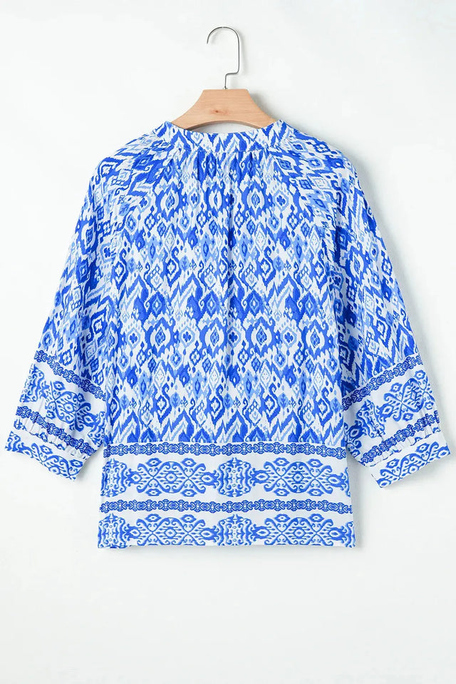 Printed Tie Neck Three-Quarter Sleeve Blouse Trendsi Hanalas