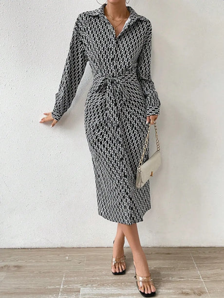 Printed Tie Waist Long Sleeve Midi Shirt Dress | Hanalas