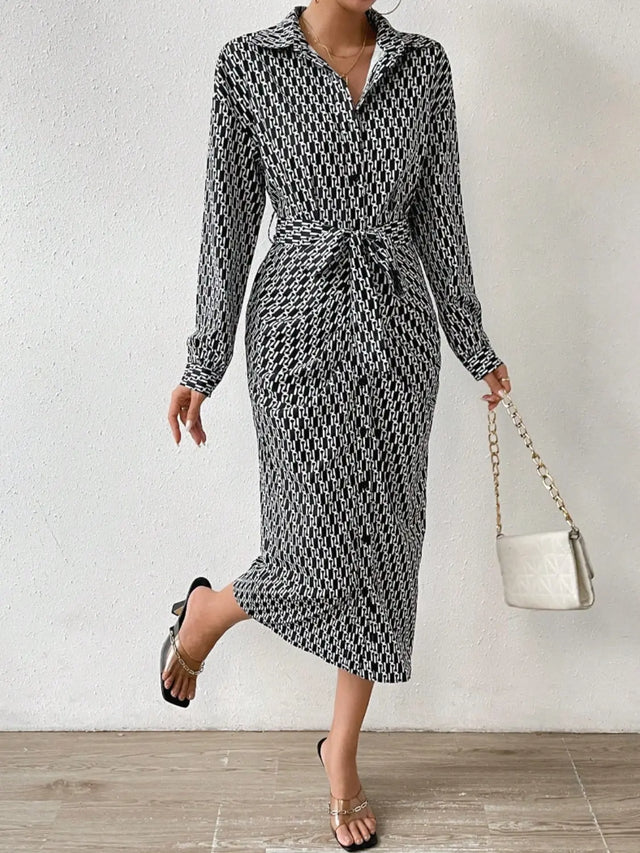 Printed Tie Waist Long Sleeve Midi Shirt Dress | Hanalas