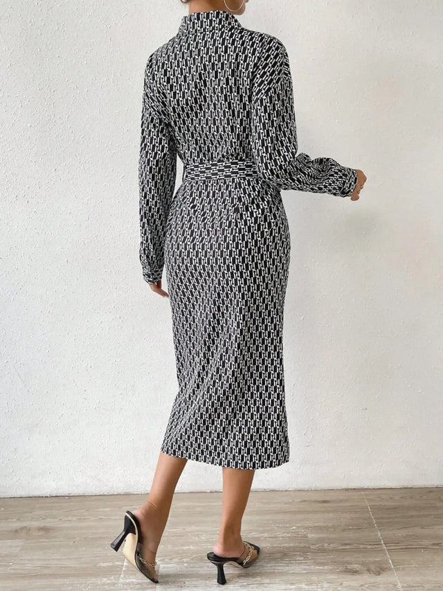 Printed Tie Waist Long Sleeve Midi Shirt Dress | Hanalas