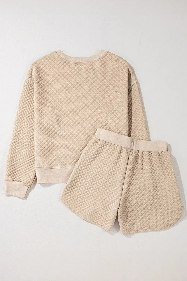 Quilted Round Neck Long Sleeve Top and Shorts Set Trendsi Hanalas