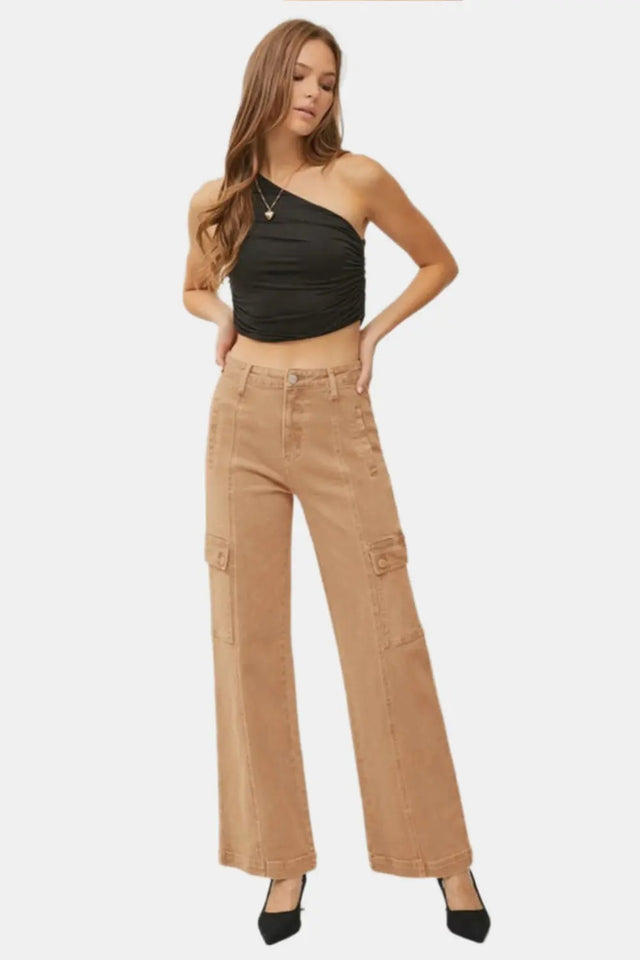 RISEN Full Size High Rise Wide Leg Cargo Jeans Trendsi Hanalas