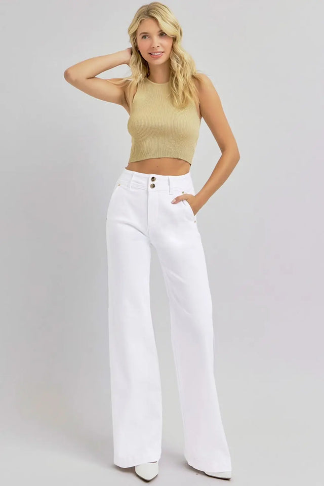 RISEN Full Size Tummy Control Double Button Wide Leg Jeans Trendsi Hanalas