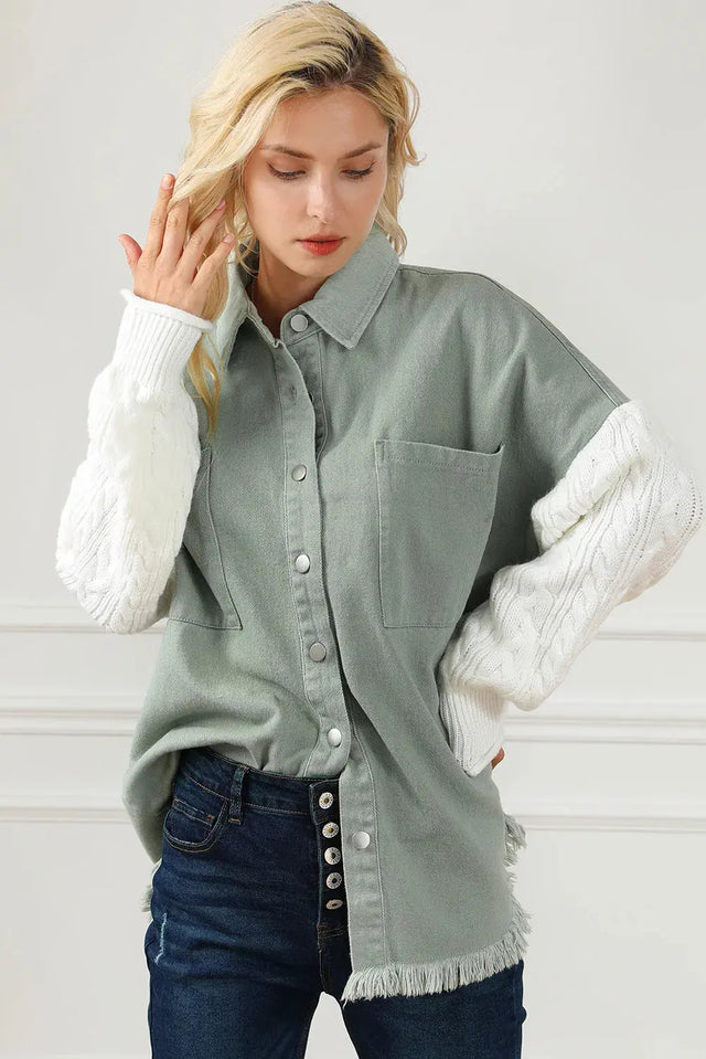 Raw Hem Collared Neck Button Up Long Sleeve Jacket Trendsi Hanalas