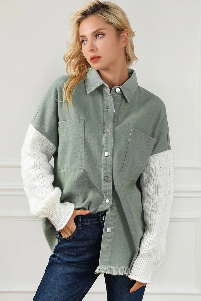 Raw Hem Collared Neck Button Up Long Sleeve Jacket Trendsi Hanalas