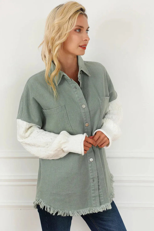 Raw Hem Collared Neck Button Up Long Sleeve Jacket Trendsi Hanalas