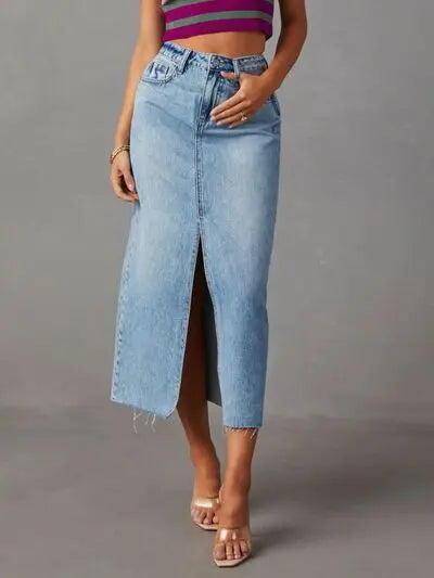 Raw Hem Front Slit Denim Midi Skirt | Hanalas