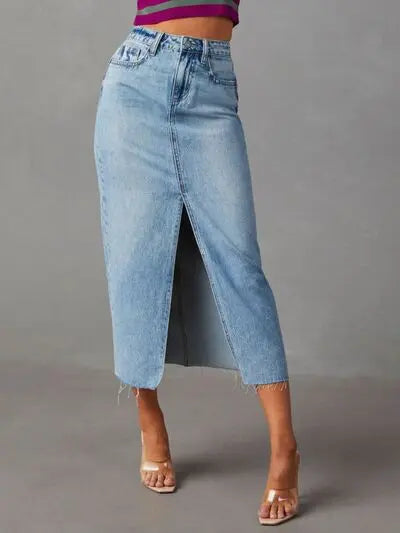 Raw Hem Front Slit Denim Midi Skirt | Hanalas