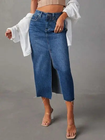 Raw Hem Front Slit Denim Midi Skirt | Hanalas