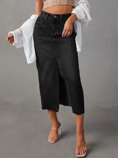 Raw Hem Front Slit Denim Midi Skirt | Hanalas