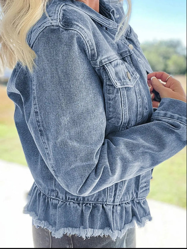 Raw Hem Long Sleeve Denim Jacket Trendsi Hanalas