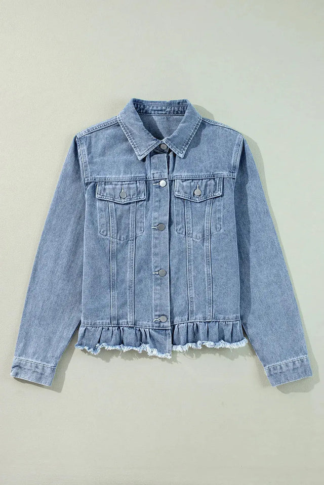 Raw Hem Long Sleeve Denim Jacket Trendsi Hanalas