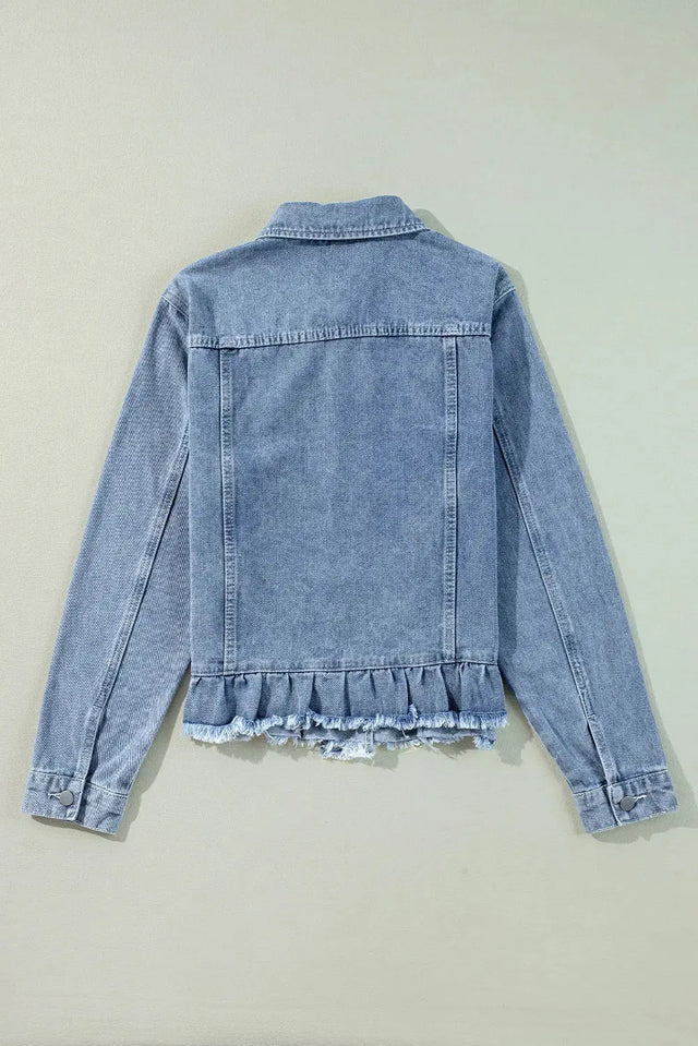 Raw Hem Long Sleeve Denim Jacket Trendsi Hanalas