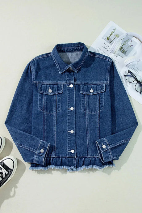 Raw Hem Long Sleeve Denim Jacket Trendsi Hanalas