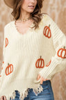 Raw Hem Pumpkin V-Neck Long Sleeve Sweater Trendsi Hanalas