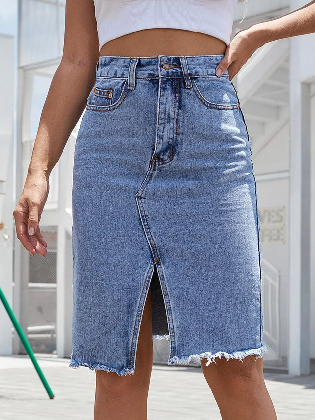 Raw Hem Slit Denim Skirt Trendsi Hanalas