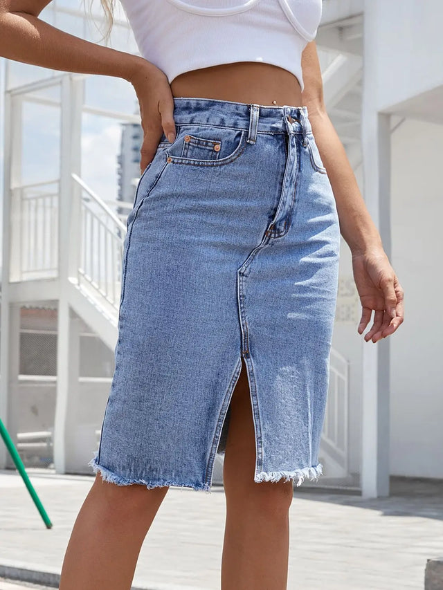 Raw Hem Slit Denim Skirt Trendsi Hanalas