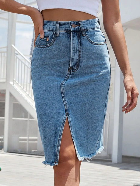 Raw Hem Slit Denim Skirt Trendsi Hanalas