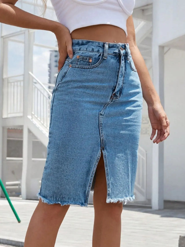 Raw Hem Slit Denim Skirt Trendsi Hanalas