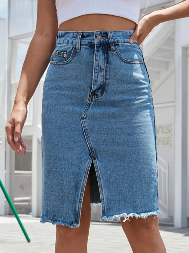 Raw Hem Slit Denim Skirt Trendsi Hanalas