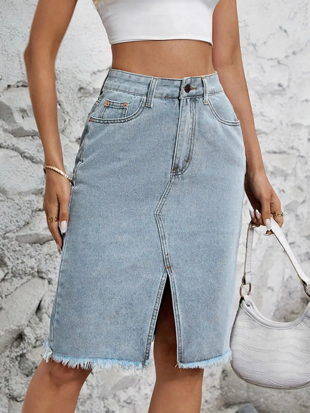 Raw Hem Slit Denim Skirt Trendsi Hanalas