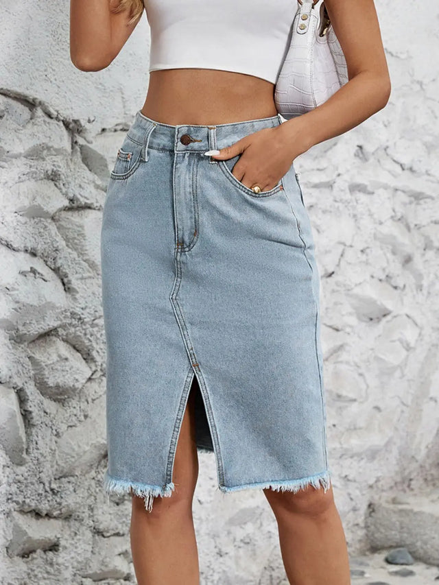 Raw Hem Slit Denim Skirt Trendsi Hanalas