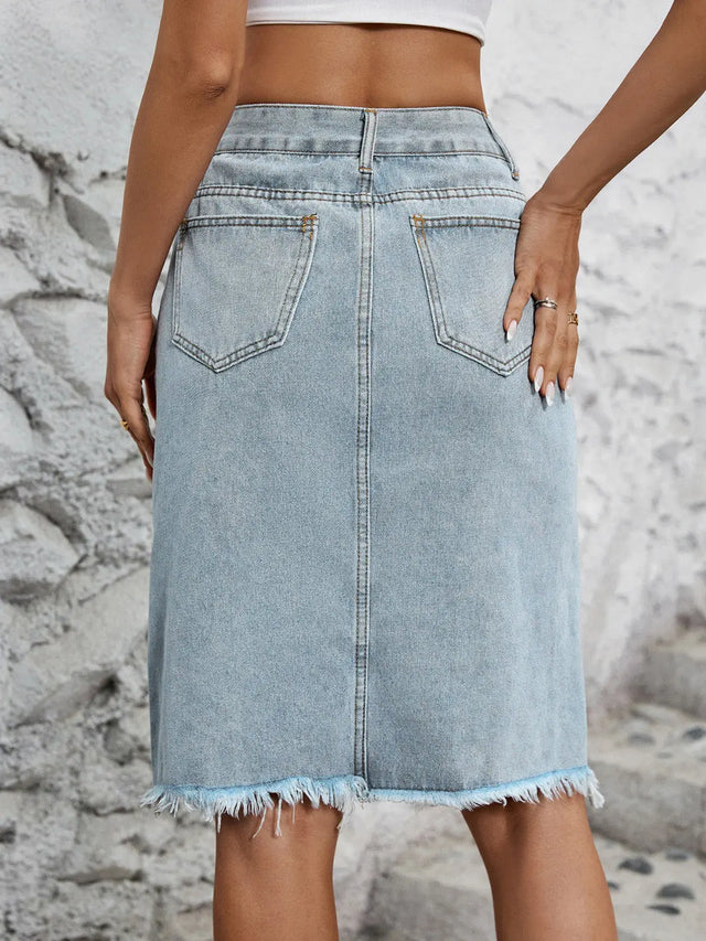 Raw Hem Slit Denim Skirt Trendsi Hanalas