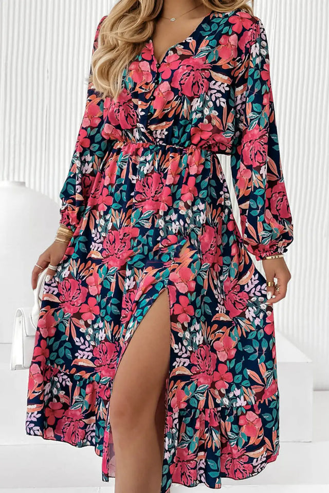 Red V Neck Elastic High Waist Split Floral Dress Hanalas Hanalas