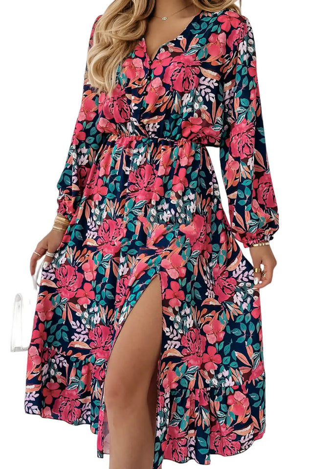 Red V Neck Elastic High Waist Split Floral Dress Hanalas Hanalas