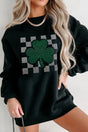 Rhinestone Checkered Lucky Clover Round Neck Sweatshirt | Hanalas