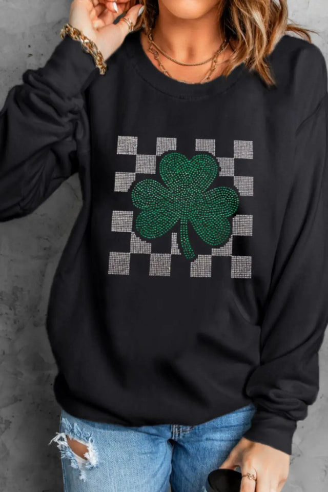 Rhinestone Checkered Lucky Clover Round Neck Sweatshirt | Hanalas