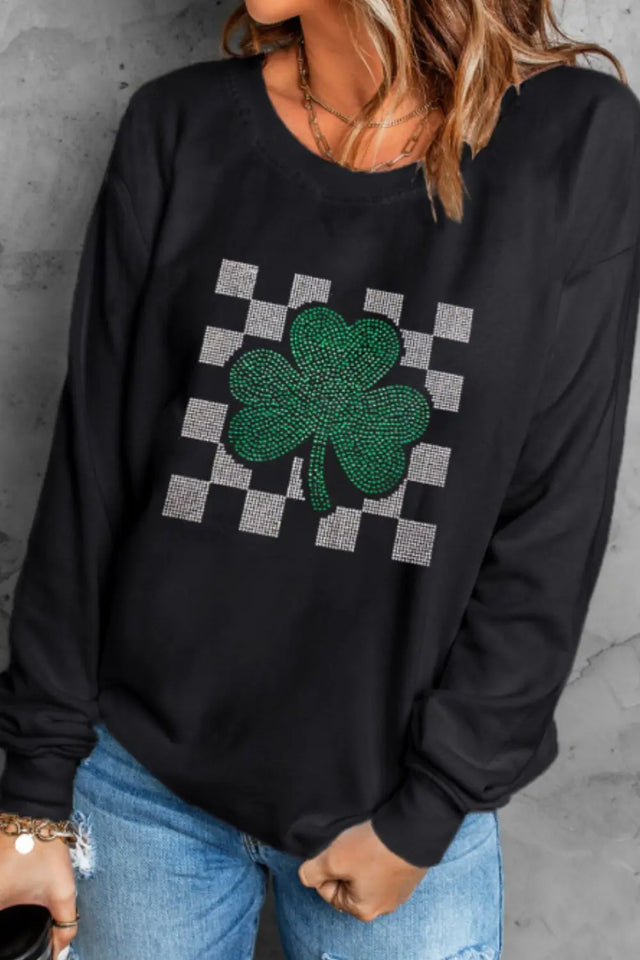 Rhinestone Checkered Lucky Clover Round Neck Sweatshirt | Hanalas