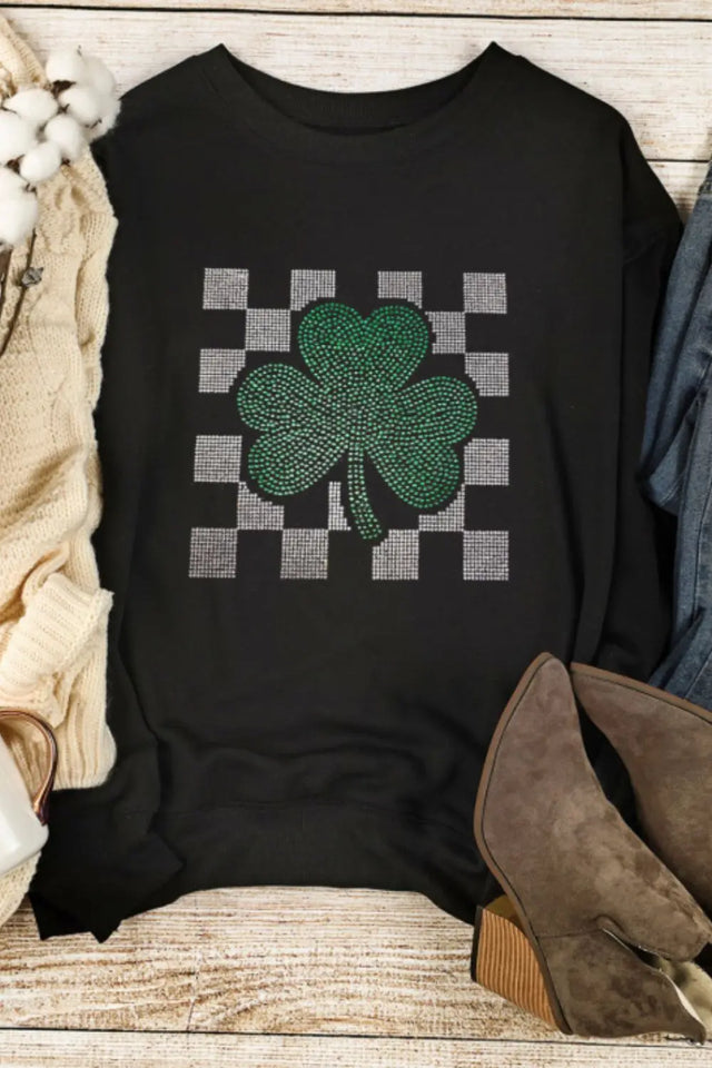 Rhinestone Checkered Lucky Clover Round Neck Sweatshirt | Hanalas