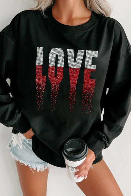 Rhinestone LOVE Round Neck Long Sleeve Sweatshirt | Hanalas