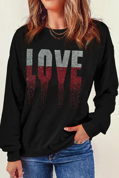 Rhinestone LOVE Round Neck Long Sleeve Sweatshirt | Hanalas