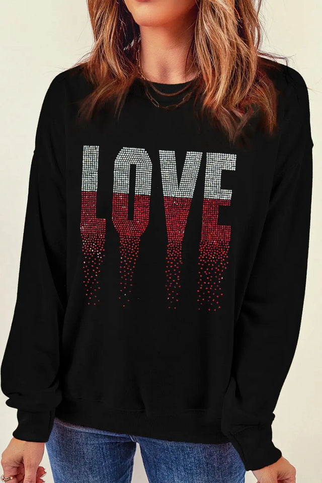 Rhinestone LOVE Round Neck Long Sleeve Sweatshirt | Hanalas