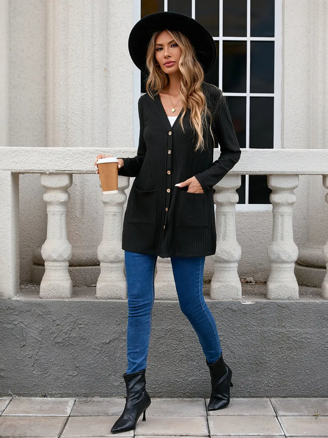 Ribbed Button Down V-Neck Long Sleeve Cardigan Trendsi Hanalas