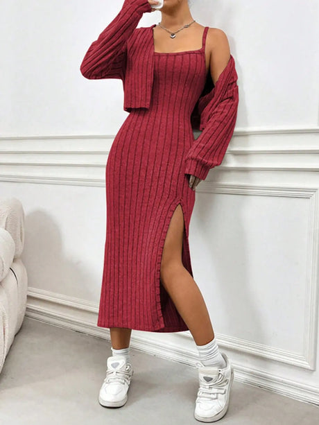 Ribbed Long Sleeve Cropped Cardigan and Slit Cami Dress Set | Hanalas