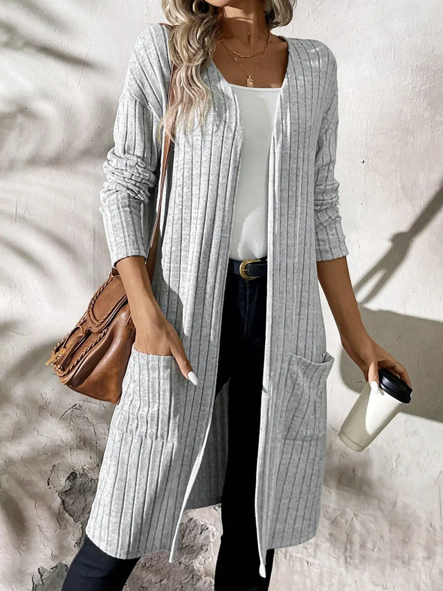 Ribbed Open Front Long Sleeve Cardigan with Pockets Trendsi Hanalas