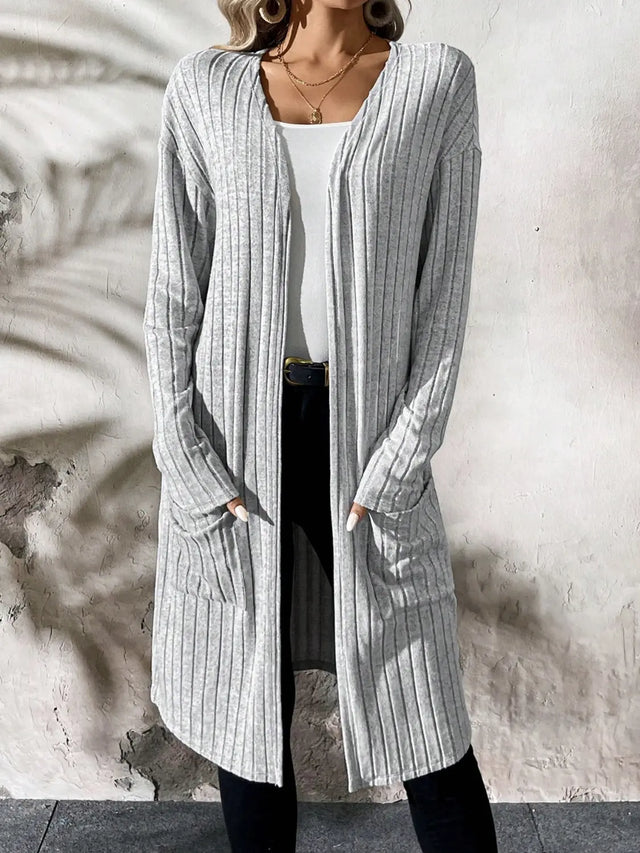 Ribbed Open Front Long Sleeve Cardigan with Pockets Trendsi Hanalas