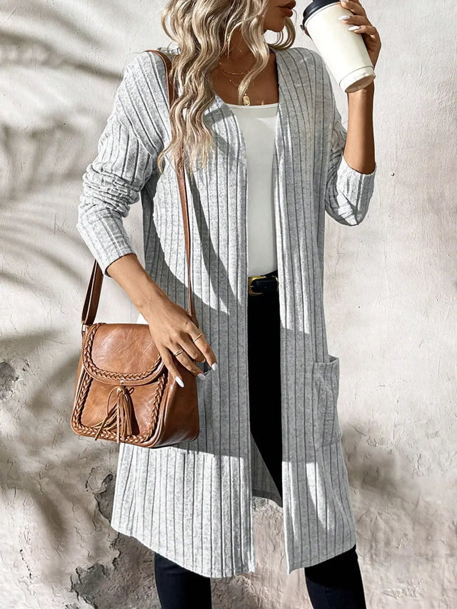 Ribbed Open Front Long Sleeve Cardigan with Pockets Trendsi Hanalas