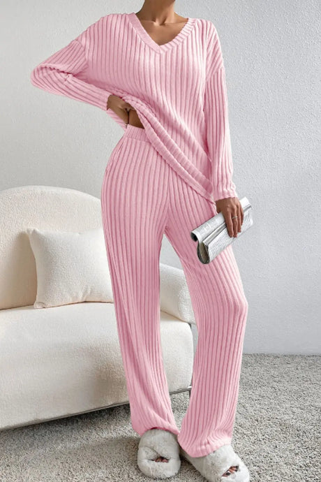 Ribbed V-Neck Top and Pants Lounge Set | Hanalas