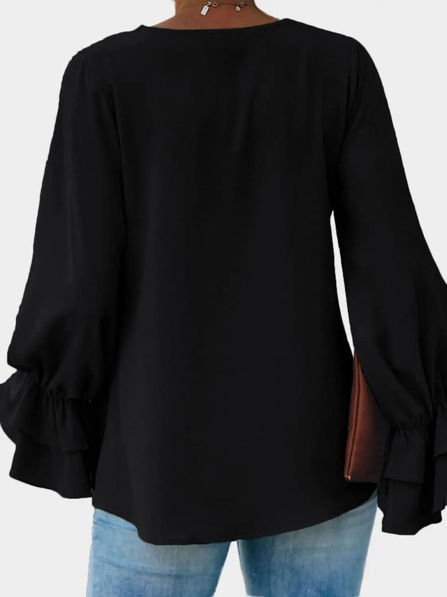 Round Neck Double-Layered Flounce Sleeve Top Trendsi Hanalas