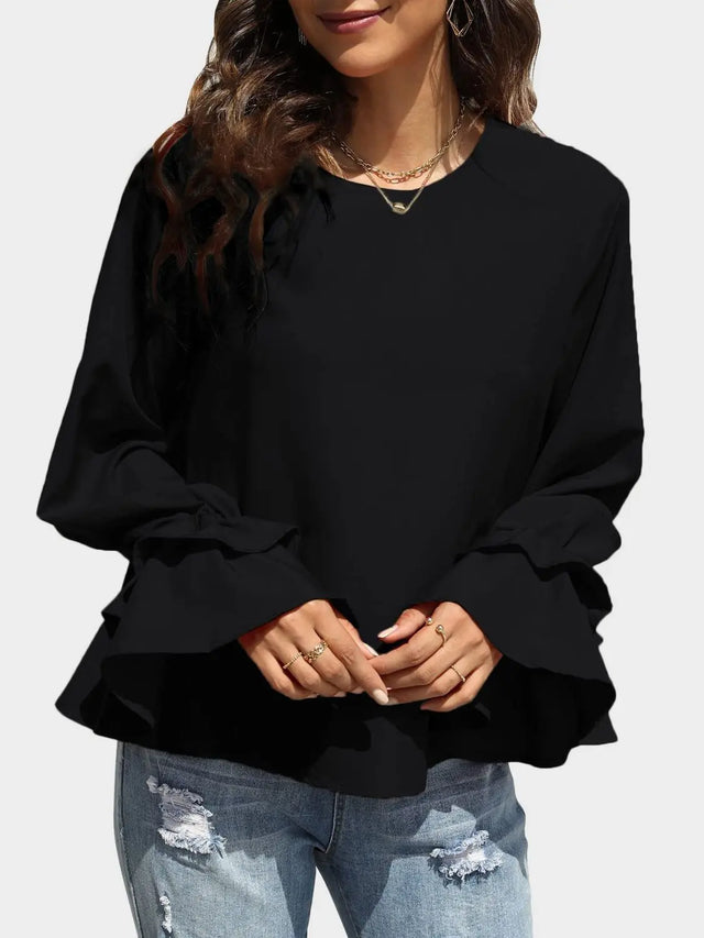 Round Neck Double-Layered Flounce Sleeve Top Trendsi Hanalas