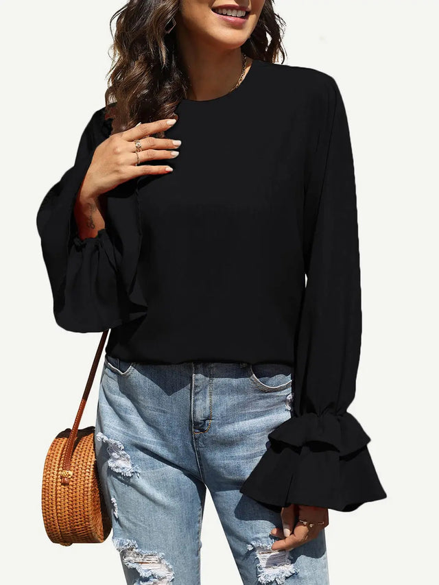 Round Neck Double-Layered Flounce Sleeve Top Trendsi Hanalas