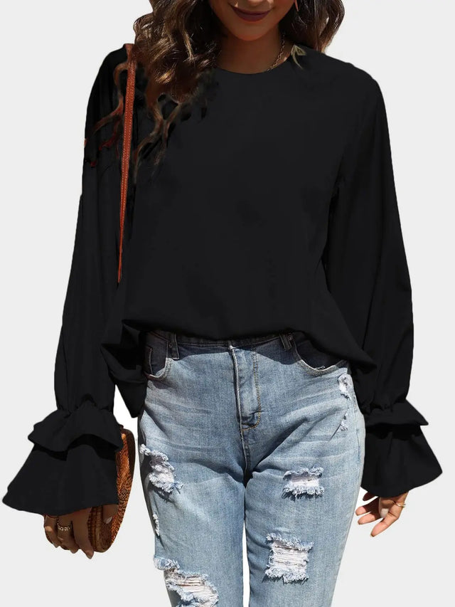 Round Neck Double-Layered Flounce Sleeve Top Trendsi Hanalas