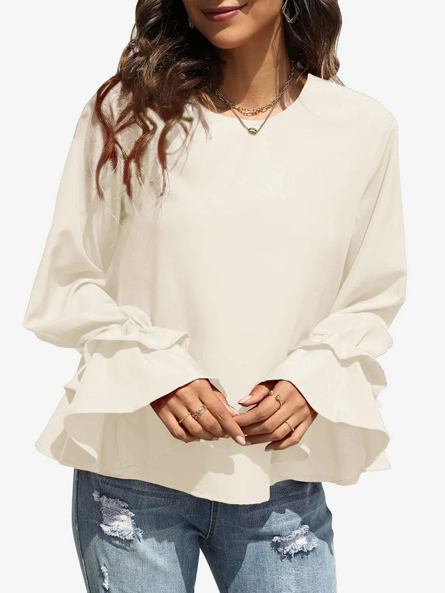 Round Neck Double-Layered Flounce Sleeve Top Trendsi Hanalas